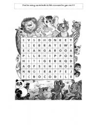 Zoo animals wordsearch puzzle