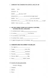 English Worksheet: VERB TO BE, AN, A, THE, NATIONALITIES, ETC 