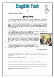 English Worksheet: Test  on Brad Pitt and his daily routine