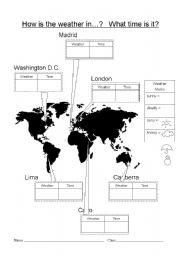 English Worksheet: How is the weather in...?  What time is it?  Class interview game (worksheets and cards)