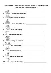 English worksheet: unscramble sentences (actions with -ing)