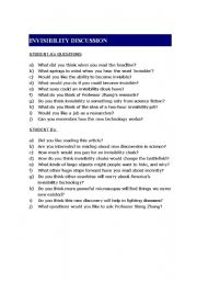 English Worksheet: Invisibility Discussion Questions