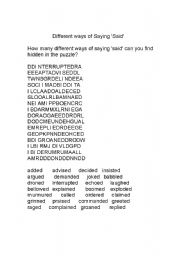 English worksheet: WORDSEARCH: DIFFERENT WAYS OF SAYIN SAID