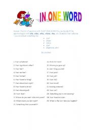 English worksheet: In One Word - Talk About Yourself!