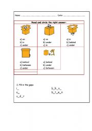 English worksheet: in, on, under, behind, between