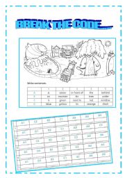English Worksheet: BREAK THE CODE...PREPOSITIONS-COLOURS AND PLACES