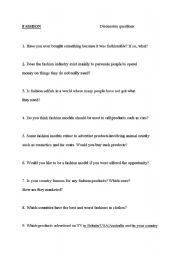 English worksheet: Speaking questions about fashion.