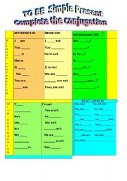 English worksheet: To Be Simple Present  fill in . Complete the conjugation.