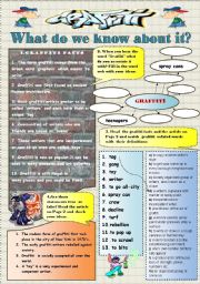 English Worksheet: GRAFFITY- activity set:reading , vocabulary practice and speaking (role play) 4 pages + keys