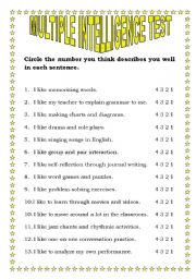 English Worksheet: MULTIPLE INTELLIGENCE TEST WITH KEYS