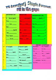 English Worksheet: To have (got) : conjugation. Fill in the gaps. Simple Present. 