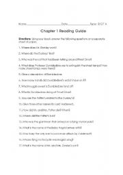 English Worksheet: Harry Potter and the Sorcerers Stone Reading Guide- Chapter 1