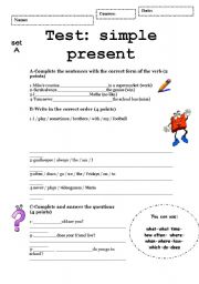 English Worksheet: SIMPLE PRESENT-complete test set 1 and 2