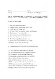 English Worksheet: Quiz: verb phrase, helping verb and main verb