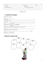 English worksheet: Progress Test  ( greetings, numbers, days of the week, months, british flag and Verb To Be)