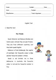 English Worksheet: Progress Test (contents: numbers, age, first name, surname, age, nationality, country, favourite colour, short answers, affirmative and negative forms of the verb to have got, singular, regular and irregular plurals)