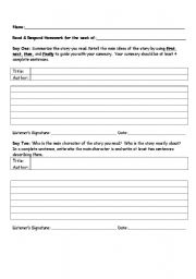 English Worksheet: Reading Response Homework Sheet - Weekly 