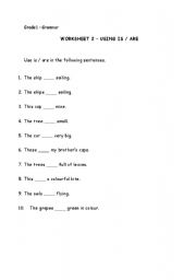 English worksheet: Grade 1 Grammar Worksheet 2 - using is or are