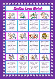 English Worksheet: Zodiac Love Match 