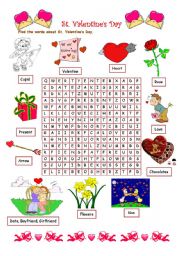 English Worksheet: Valentines Day wordsearch