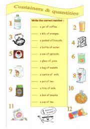 English Worksheet: Containers and quantities