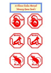 English Worksheet: 12 Chinese zodiac Animals -Memorty Game Cards 1/2