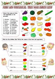 English Worksheet: FRUIT AND VEGETABLES. WHAT DOES HE/SHE LIKE?