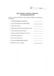 English worksheet: Simile, Metaphor, Alliteration, Euphemismand, and  Onomatopoeia Exercise