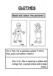 English Worksheet: What colour are their clothes? Lets colour!