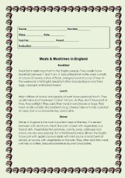 English Worksheet: Meal&mealtimes in England