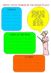 English worksheet: WRITE THE WORDS IN THE RIGHT PLACE