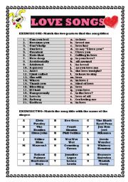 LOVE SONGS. matching game (4 pages with cCUT OUT version answer key)