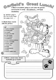 English Worksheet: GARFIELDS GREAT LUNCH! - fun avtivity worksheet to revise or practise food vocabulary and to be going to... Speaking,matching vocabulary and writing activities