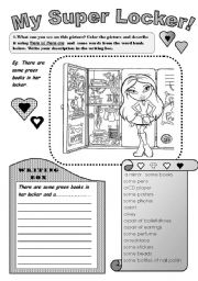 English Worksheet: MY SUPER LOCKER!- fun with grammar and vocabulary revision for girls.There is/there are + general vocabulary.