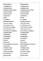 English worksheet: tell me about