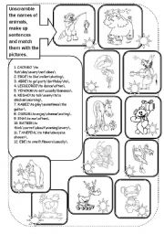 English Worksheet: Animals: scrambled words + Present Simple