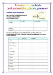 English Worksheet: Exercises: countables, uncountables, pronouns, plurals(4pages)