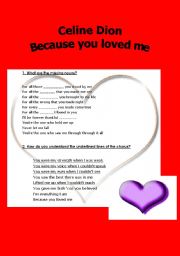 English Worksheet: !!! Because you loved me - Celine Dion VALENTINES DAY !!! 2 pages
