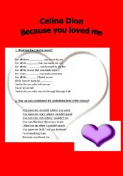 English Worksheet: !!! Because you loved me - Celine Dion VALENTINES DAY !!! 2 pages