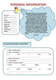 English Worksheet: PERSONAL INFORMATION - READING AND COMPREHENSION