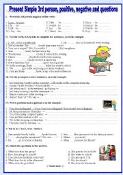 English Worksheet: Present Simple 3rd person, affirmatives, negatives and questions