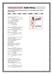 I kissed a girl-Katie Perry song worksheet (2 pages with complete lyrics)