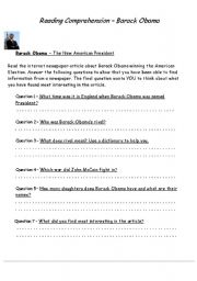 English Worksheet: Barack Obama Reading Comprehension