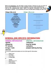 English worksheet: Brainstorming -general and specific information