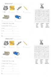 English worksheet: Classroom / my bag vocab