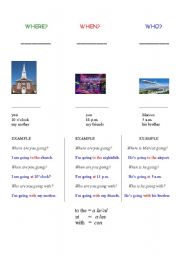English worksheet: Places Around Town: Where, When, Who Questions (part one)