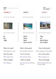 English worksheet: Places Around Town: Where, HOW, WHAT (part one)