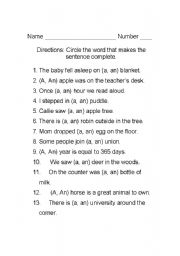 English Worksheet: A, An