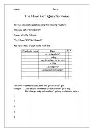 English worksheet: Have got questionnaire