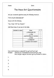 English Worksheet: Have got questionnaire